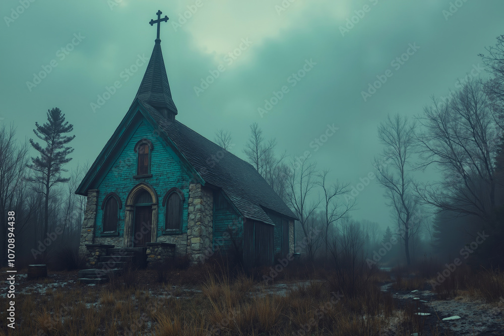 Fototapeta premium A small church in the middle of a foggy forest