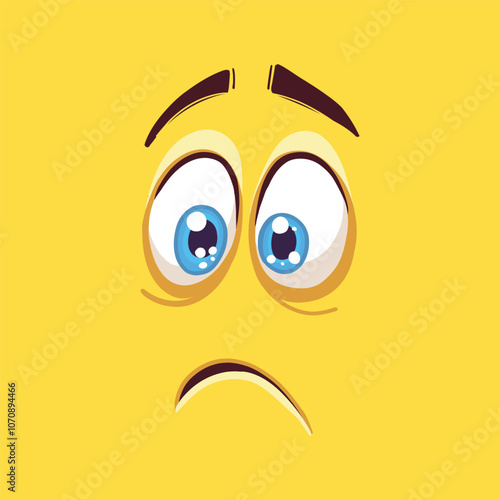 Emotions cartoon. Cartoon face with big round blue eyes and big sad mouth. Sadness, melancholy, disappointment.