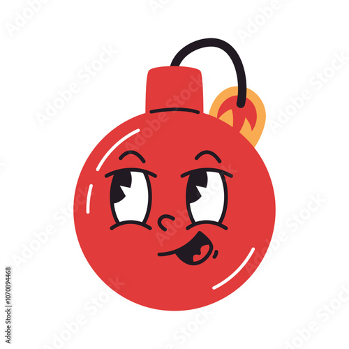 Cute red bomb mascot. Funny bomb character, comic bombshell with burning wick flat vector illustration. Cartoon bomb with comical face emotions