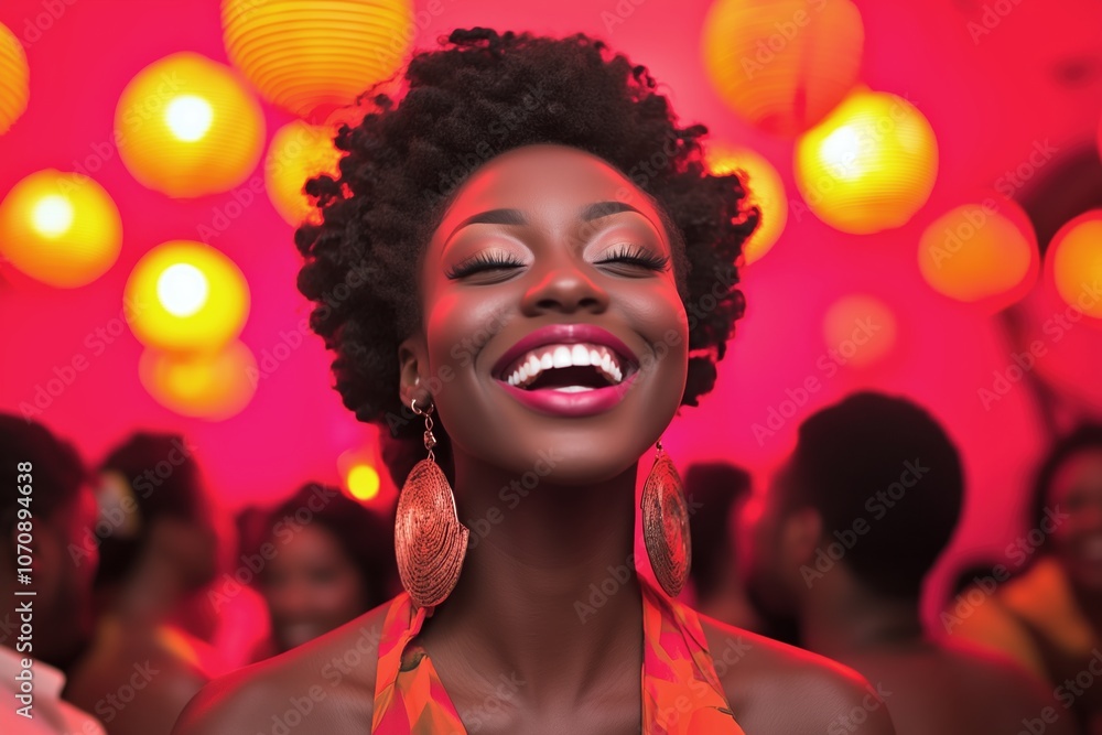 African American Woman Smiling at a Party with Bright Lighting and Lanterns African American Woman Smiling at a Party with Bright Lighting and Lanterns