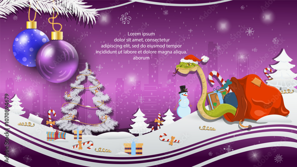 Fototapeta premium Christmas and New Year illustration Christmas tree balls on a fir tree a snake in a Santa Claus hat crawls out of a gift bag