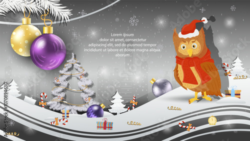 Christmas and New Year illustration Christmas balls on a fir tree an owl in a Santa Claus hat