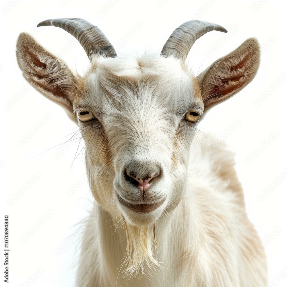Fototapeta premium Portrait of a domestic goat looking at camera on white background