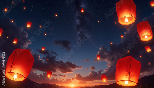 Beautiful night sky with floating red lanterns and twinkling stars, serene atmosphere