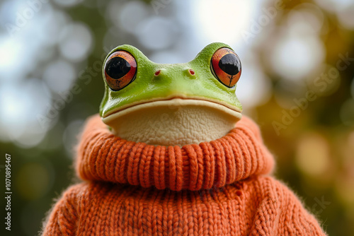 A green frog wearing an orange sweater with big eyes photo