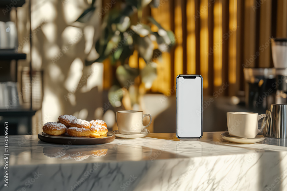 White phone sits on a table next to a plate of donuts and cups. The scene is set in a cafe, with a potted plant in the background. Scene is casual and relaxed White phone sits on a table next to a plate of donuts and cups. The scene is set in a cafe, with a potted plant in the background. Scene is casual and relaxed