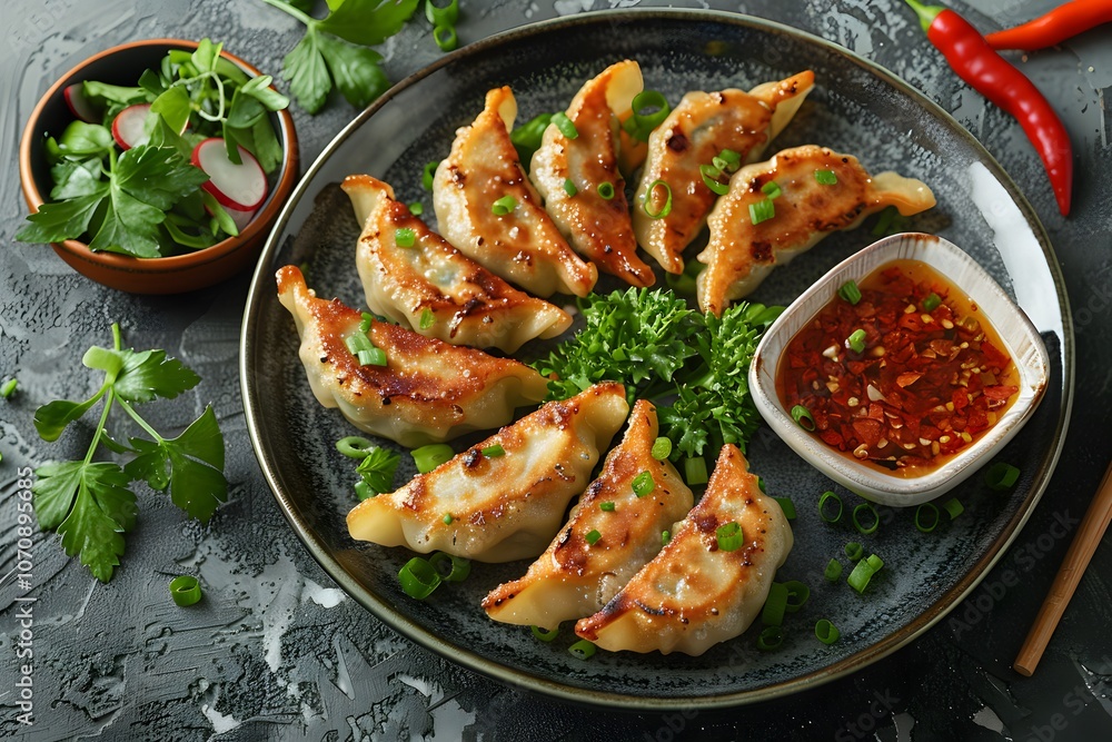 Plate of fried dumplings with dipping sauce and fresh herbs on a textured background. Studio food photography for design and print. Plate of fried dumplings with dipping sauce and fresh herbs on a textured background. Studio food photography for design and print.