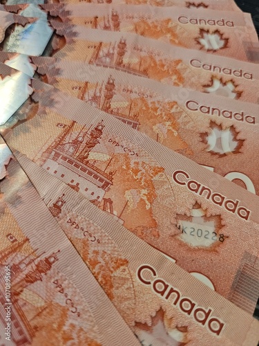 Canadian currency is fanned out. Money background. Canadian dollar. Finance