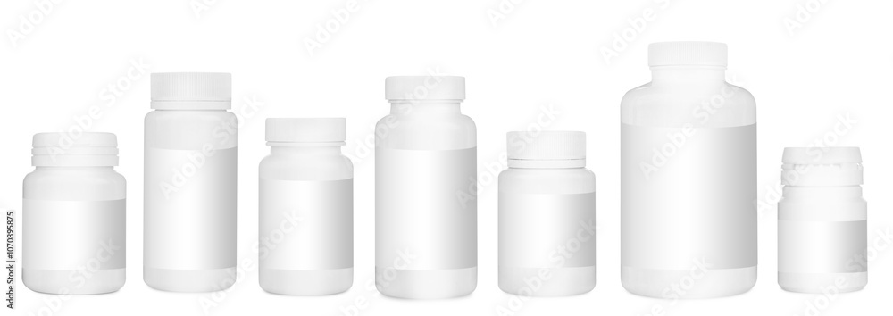 Many different plastic bottles with labels isolated on white Many different plastic bottles with labels isolated on white