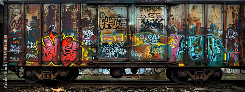 A colorful and vibrant graffiti-covered freight train car showcases street art culture and urban expression.