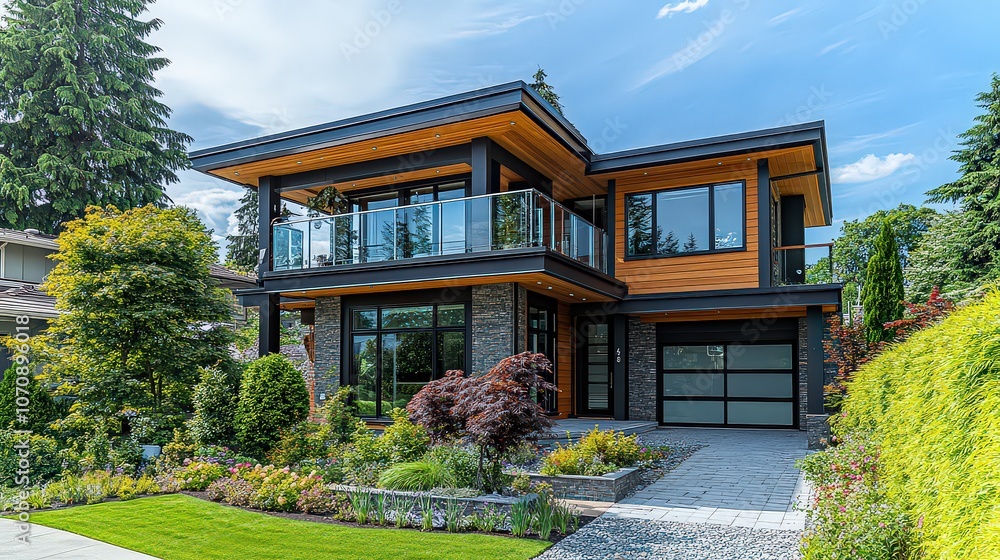 Two-story modern home with wood, glass, and metal finishes, featuring a large balcony and glass railings; clean horizontal lines and windows maximize natural light. Two-story modern home with wood, glass, and metal finishes, featuring a large balcony and glass railings; clean horizontal lines and windows maximize natural light.