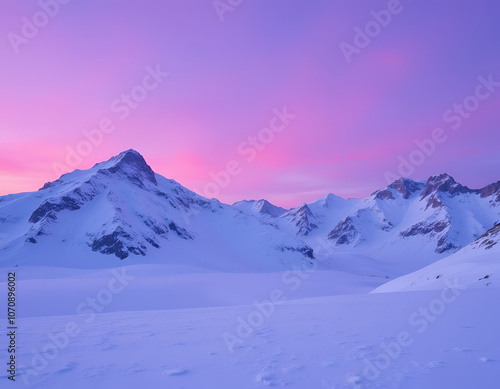  A breathtaking mountain landscape at twilight, showcasing snow-covered peaks under a vibrant purple sunset photo