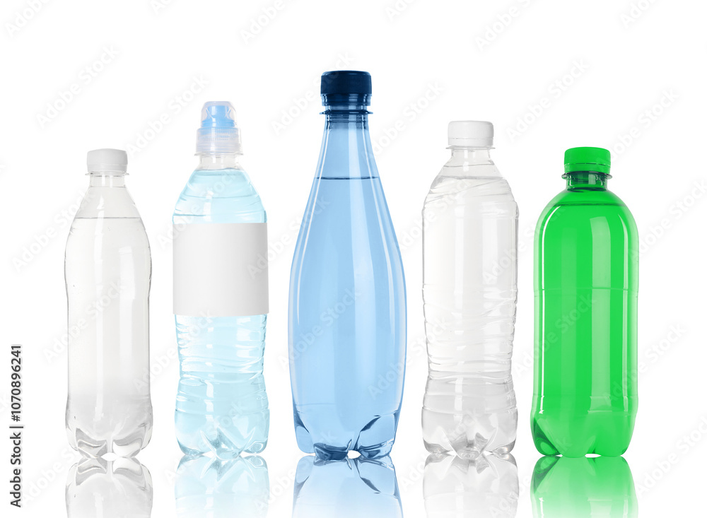 Different plastic bottles with water on white background Different plastic bottles with water on white background