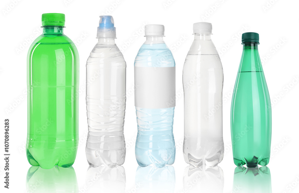 Different plastic bottles with water on white background Different plastic bottles with water on white background