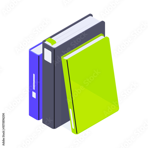 Isometric books. Educational or fantasy literature, encyclopedia or school books pile 3d vector illustration. Isomerty books on white
