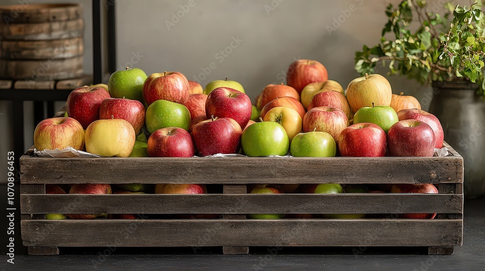 Wooden crate of apples stored on a basement shelf, each wrapped in paper for freshness; the bright red and green apples add a pop of color against the muted backdrop. Wooden crate of apples stored on a basement shelf, each wrapped in paper for freshness; the bright red and green apples add a pop of color against the muted backdrop.