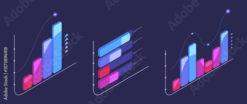 Isometric charts. Data analysis statistical diagram, dashboard futuristic chart elements, infographic symbols 3d vector illustration set. Business statistic charts