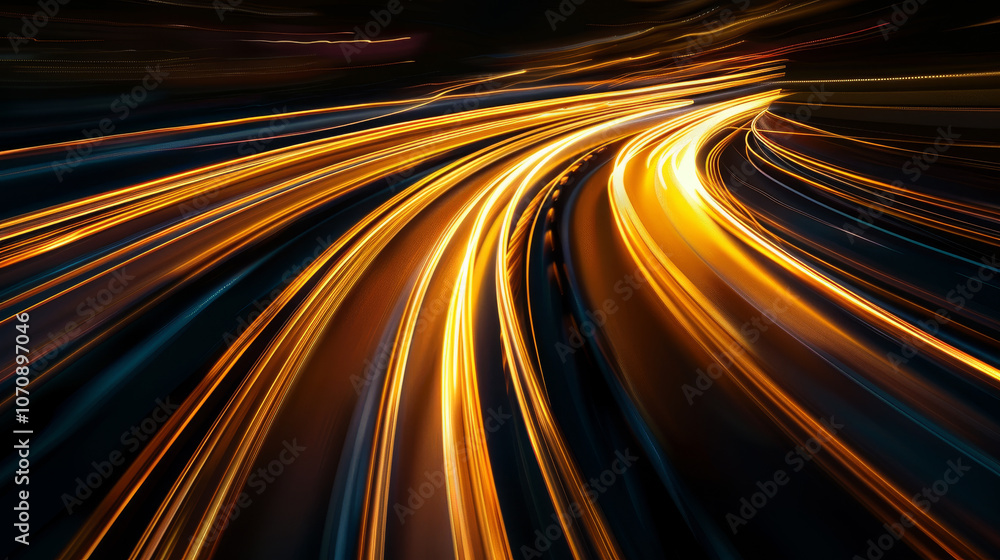 Bright light trails swirl across a dark highway, illustrating the movement of vehicles during a bustling night in the city Bright light trails swirl across a dark highway, illustrating the movement of vehicles during a bustling night in the city