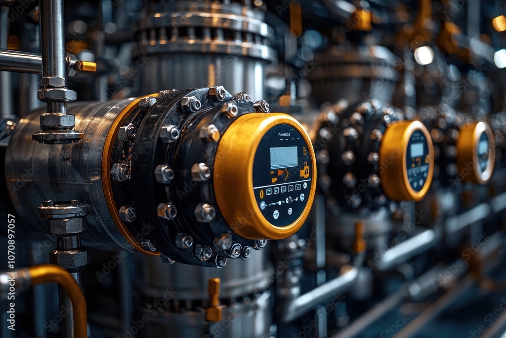 Obraz premium Industrial Meter with Digital Display and Pipes