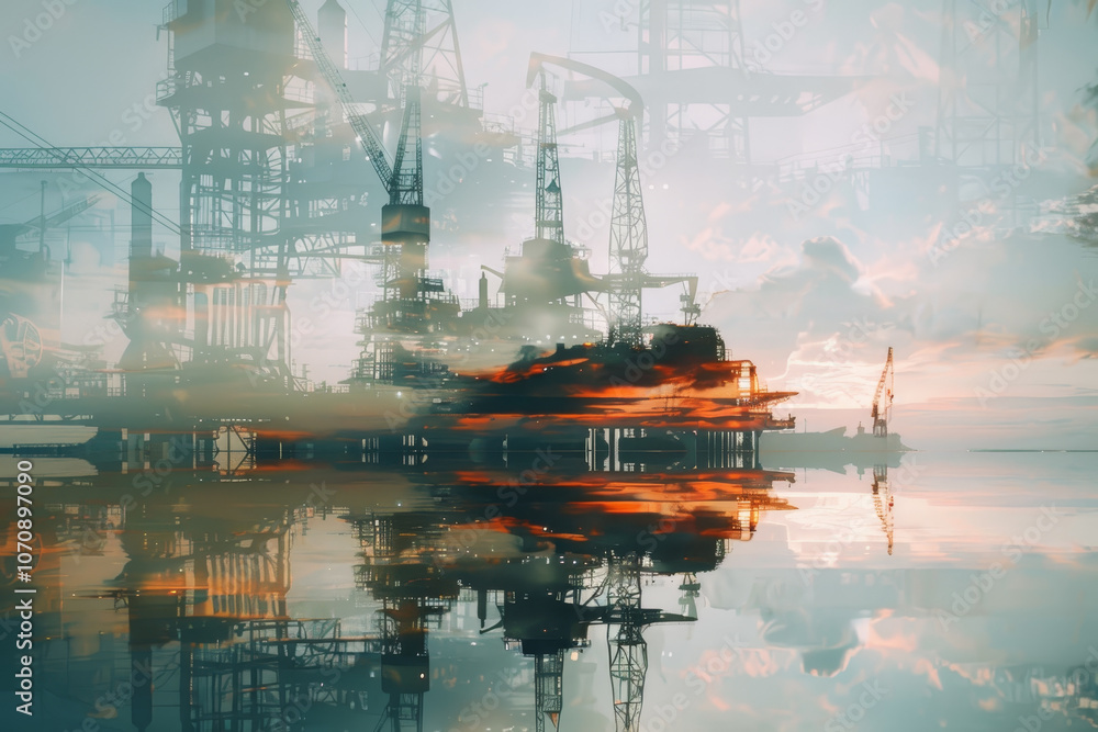 A blurry image of a city with a large oil rig in the middle A blurry image of a city with a large oil rig in the middle