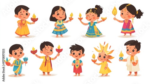 Adorable Kids Celebrating Diwali Festival with Diyas