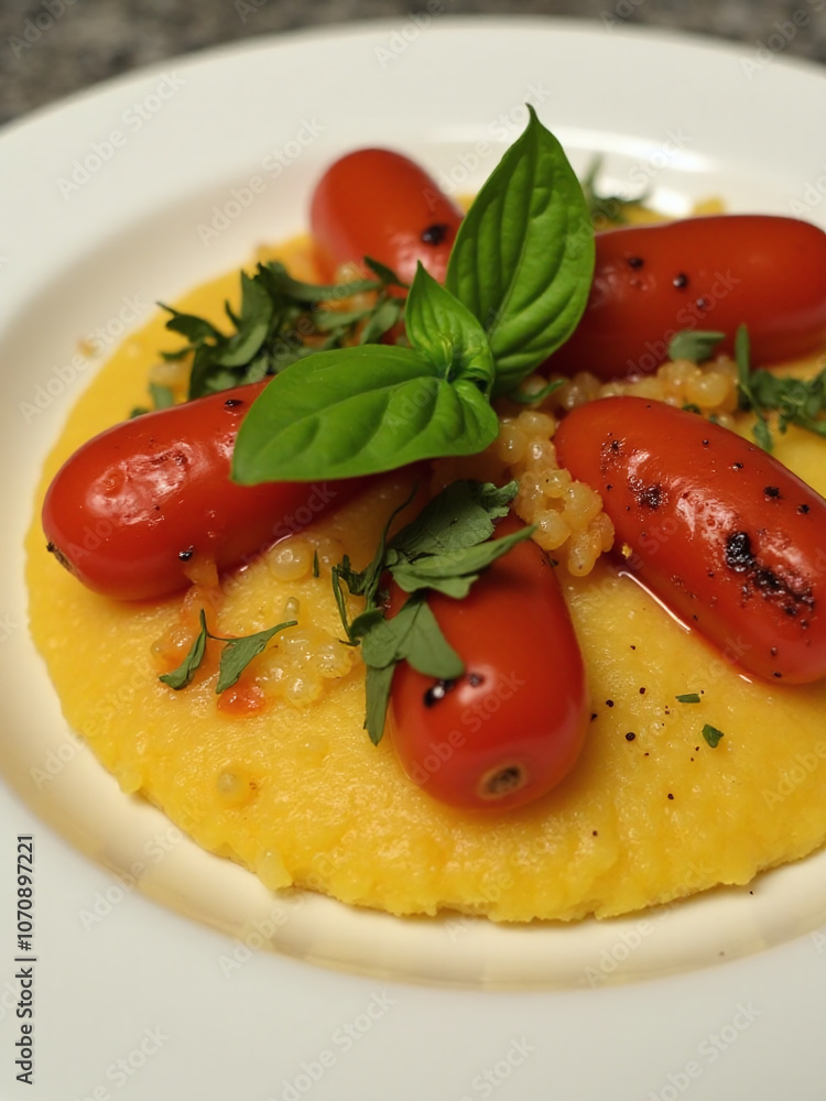Polenta is topped with roasted cherry tomatoes and fragrant fresh basil leaves for a simple yet flavorful side dish Polenta is topped with roasted cherry tomatoes and fragrant fresh basil leaves for a simple yet flavorful side dish