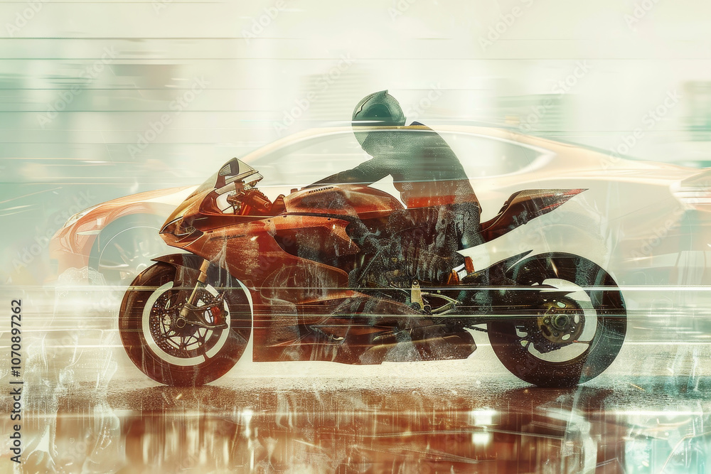 Obraz premium A motorcycle rider is gearing up on a sleek bike, set against a vibrant city backdrop. Raindrops glisten as urban life unfolds around them, creating a dynamic atmosphere