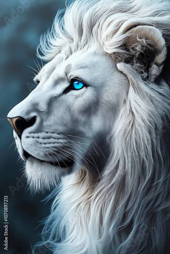 A white lion with blue eyes staring at the camera