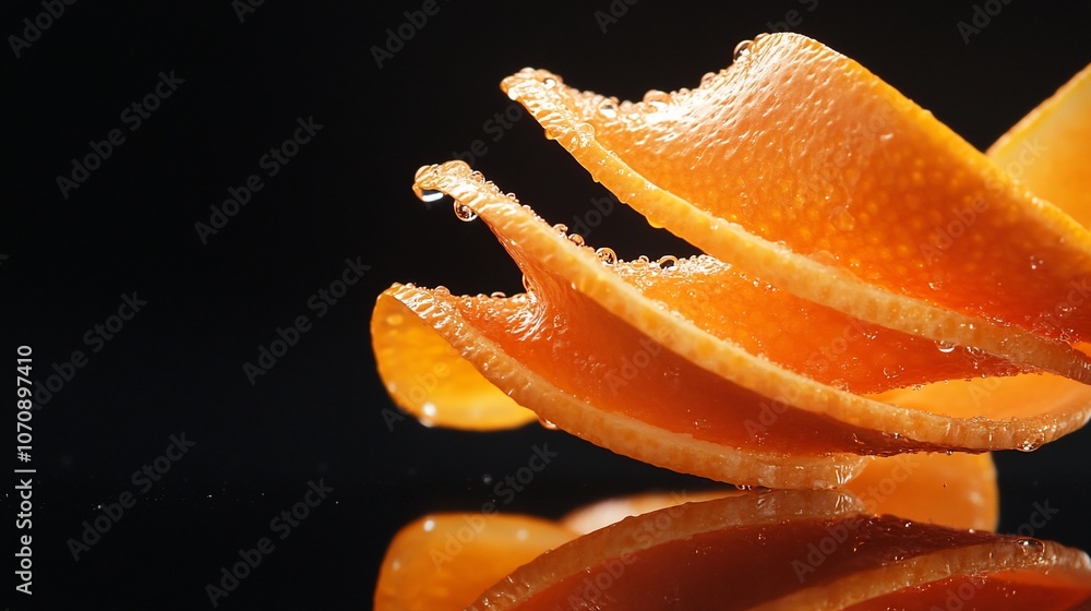 A close-up of an orange peel twisting in mid-air with water droplets falling from it. The peel is brightly colored and has a glossy texture. A close-up of an orange peel twisting in mid-air with water droplets falling from it. The peel is brightly colored and has a glossy texture.