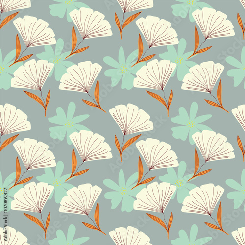Colorful garden flowers on green background. Seamless vector pattern. Vintage print with inflorescences. Retro textile collection.