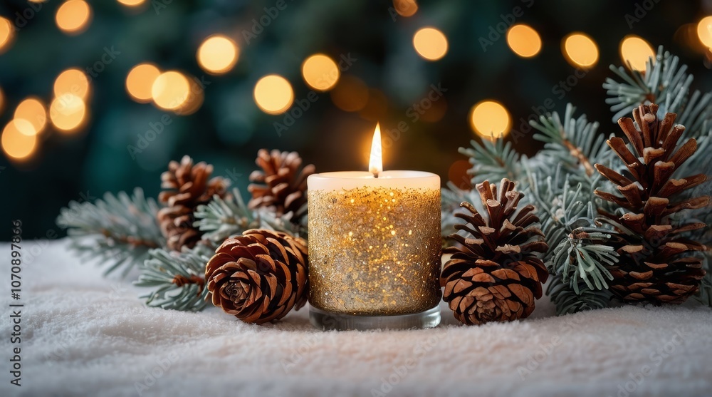 Christmas scene with a lit candle in a decorative holder Christmas scene with a lit candle in a decorative holder