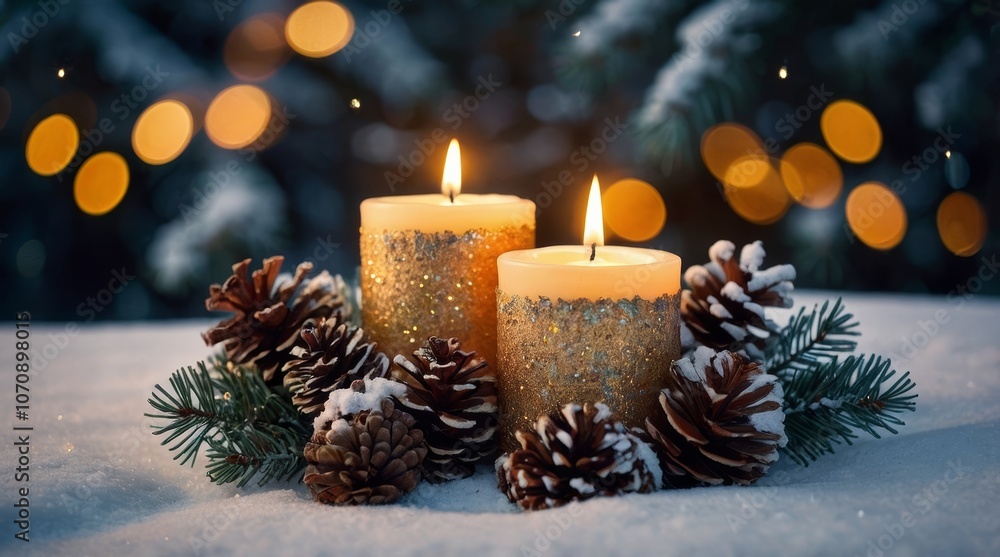 Christmas scene with a lit candle in a decorative holder Christmas scene with a lit candle in a decorative holder
