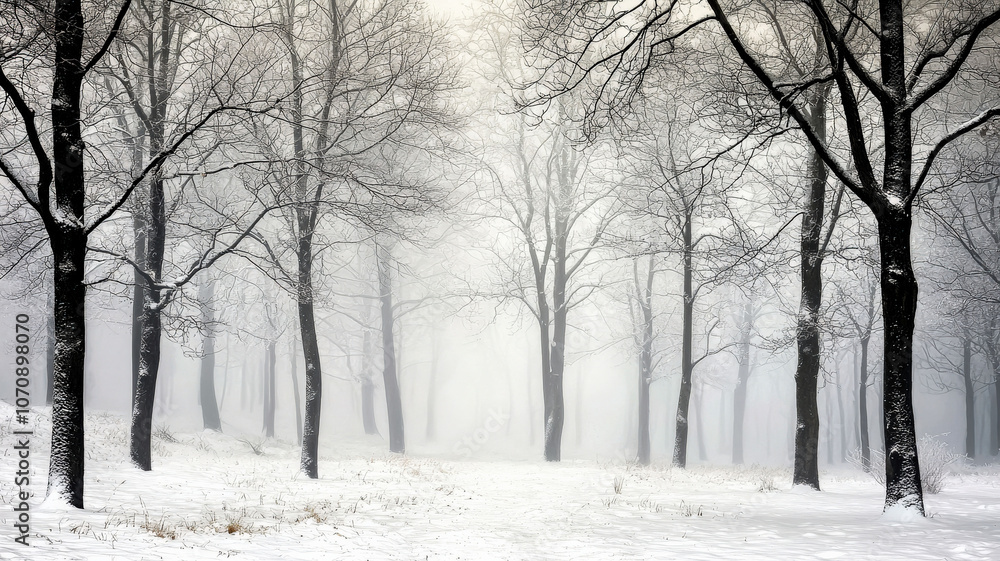A mystical forest scene with thick fog and snow on the ground, trees barely visible through the haze, perfect for eerie, mysterious quotes or messages A mystical forest scene with thick fog and snow on the ground, trees barely visible through the haze, perfect for eerie, mysterious quotes or messages