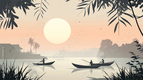 lovely flat illustration of a tranquil riverside scene on a chilly winter day, with fishermen in traditional boats moving through gentle fog under a pale morning sun