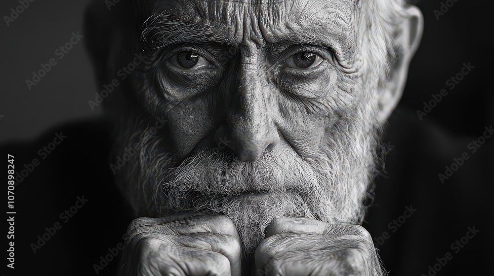 Elderly man with deep expression, captured in black and white, reflects wisdom and life experience. Hands held to face, conveying introspective, emotional depth. Elderly man with deep expression, captured in black and white, reflects wisdom and life experience. Hands held to face, conveying introspective, emotional depth.