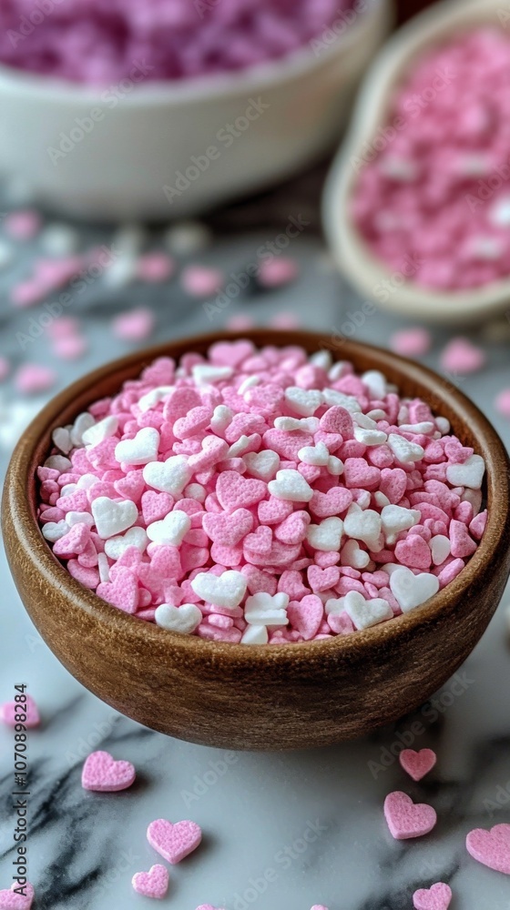 Heart shaped sprinkles in a wooden bowl with colorful decorations scattered on a marble surface Heart shaped sprinkles in a wooden bowl with colorful decorations scattered on a marble surface