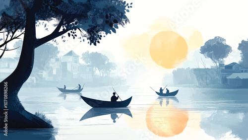 lovely flat illustration of a tranquil riverside scene on a chilly winter day, with fishermen in traditional boats moving through gentle fog under a pale morning sun