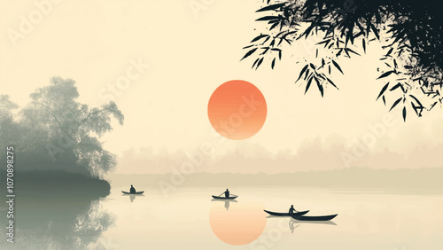 lovely flat illustration of a tranquil riverside scene on a chilly winter day, with fishermen in traditional boats moving through gentle fog under a pale morning sun