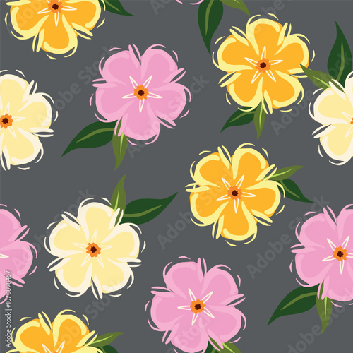 Colorful garden flowers on green background. Seamless vector pattern. Vintage print with inflorescences. Retro textile collection.