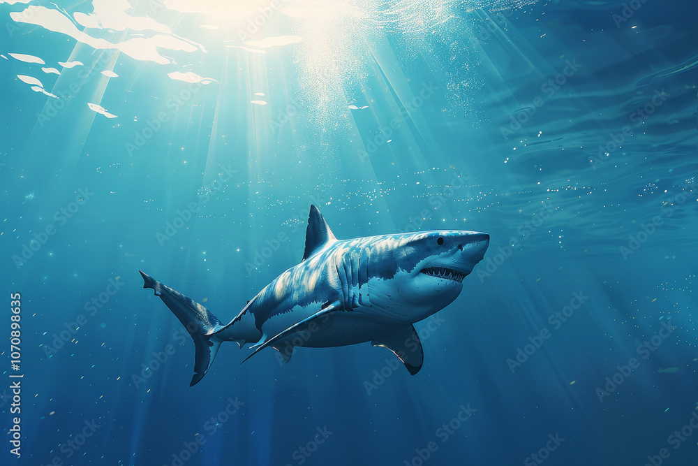 A solitary great white shark glides smoothly through clear blue waters, illuminated by sunlight filtering from above, showcasing its powerful form and vibrant coloration A solitary great white shark glides smoothly through clear blue waters, illuminated by sunlight filtering from above, showcasing its powerful form and vibrant coloration