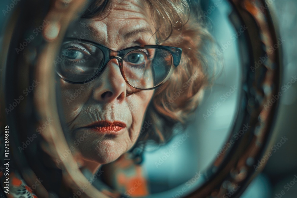 A person gazing at themselves in a mirror, taking stock of their appearance A person gazing at themselves in a mirror, taking stock of their appearance