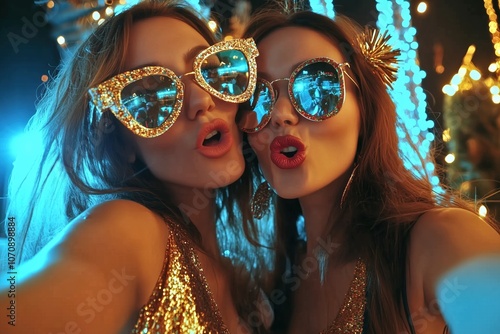 Two friends in glittering sunglasses and festive outfits enjoying the party photo