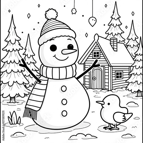 Cute Snowman Coloring Page with Winter Scene photo