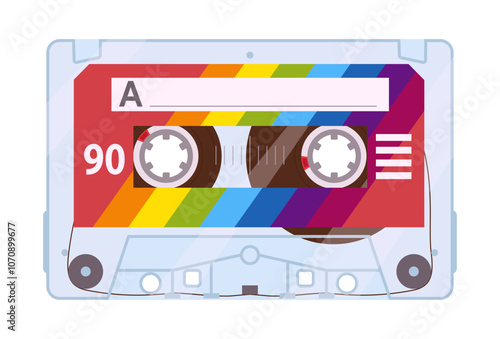 Vintage audio cassette. Old school stereo tape cassette, 80s tape record, 90s music audio cassette flat vector illustration. Cartoon analogue player old tape