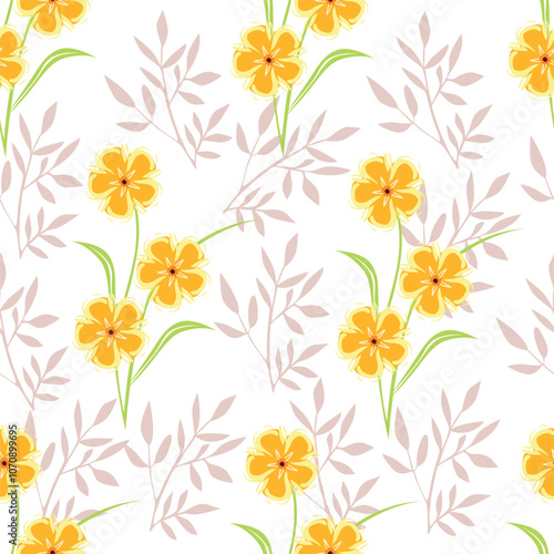 Colorful garden flowers on green background. Seamless vector pattern. Vintage print with inflorescences. Retro textile collection.