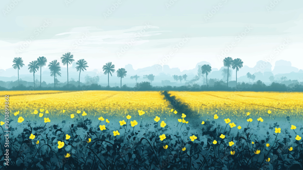 Fototapeta premium cute and lovely flat illustration of a scenic landscape of mustard fields blooming under a winter sky in rural Bangladesh, with mist softening the horizon and distant palm trees
