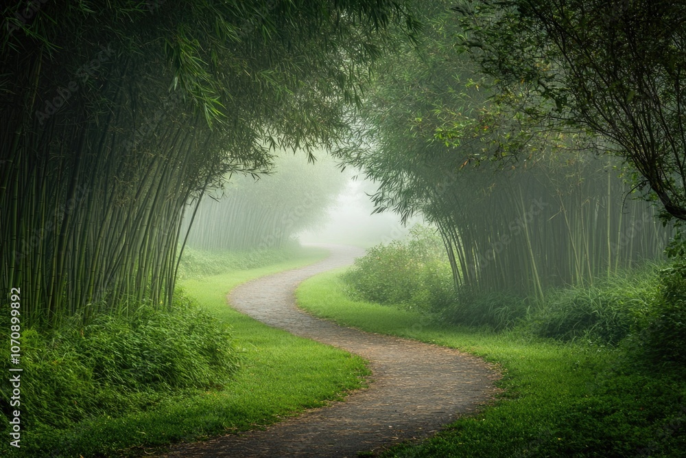 Obraz premium A winding path through a dense and lush green forest