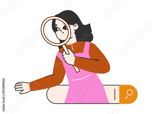 Woman use search bar. Web searching, online browsing and internet surfing flat vector illustration. Girl browsing information