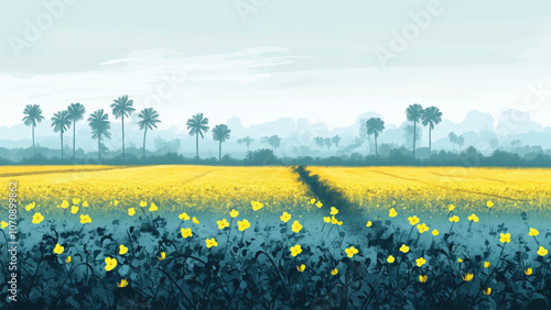 cute and lovely flat illustration of a scenic landscape of mustard fields blooming under a winter sky in rural Bangladesh, with mist softening the horizon and distant palm trees
