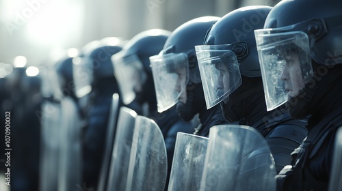 Police in riot gear stand in formation during a protest at dawn in a city square photo